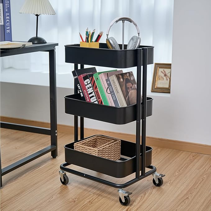 3 Tier Rolling Cart Metal Heavy Duty Utility Cart with Silent Caster Lockable Wheels Multi-Functional Organization Carts Storage Trolley with Mesh Shelves for Office Kitchen Living Room Black