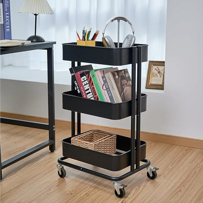 3 Tier Rolling Cart Metal Heavy Duty Utility Cart with Silent Caster Lockable Wheels Multi-Functional Organization Carts Storage Trolley with Mesh Shelves for Office Kitchen Living Room Black