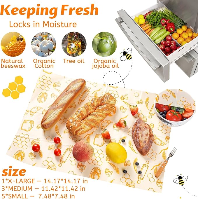 Beeswax Wraps for Food – 9 Pack Reusable Beeswax Bread Bag & Sandwich Wrap, Organic & Eco-Friendly & Sustainable Bees Paper, Perfect Alternative to Aluminum Foil Sourdough Storage & Plastic Wrap