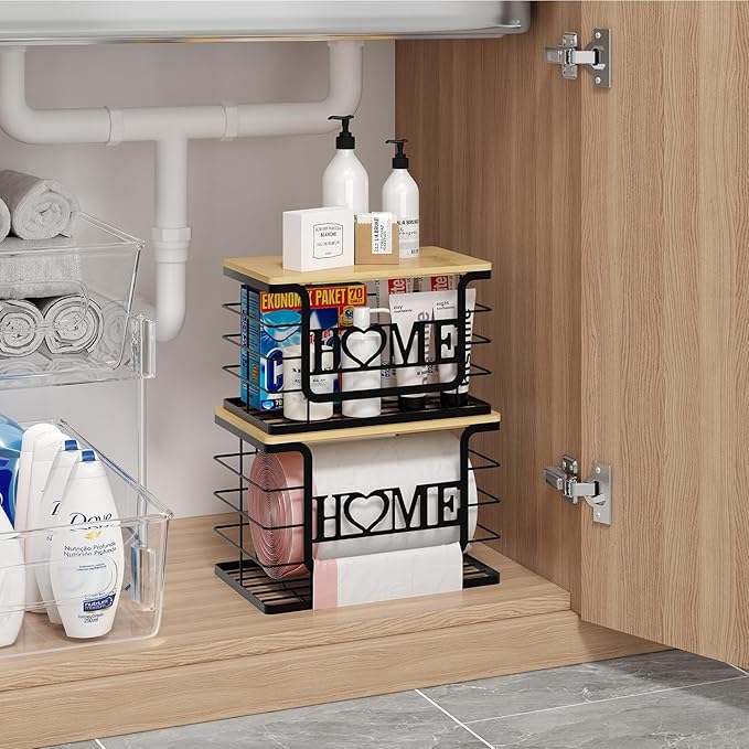 Trash Bag Holder Dispenser, Garbage Bags Organizers with Bamboo Top, Wall Mount with Adhesive Hook, Perfect Storage Rack for Cabinet, Under Sink (Black, 2pack set-L/XL)