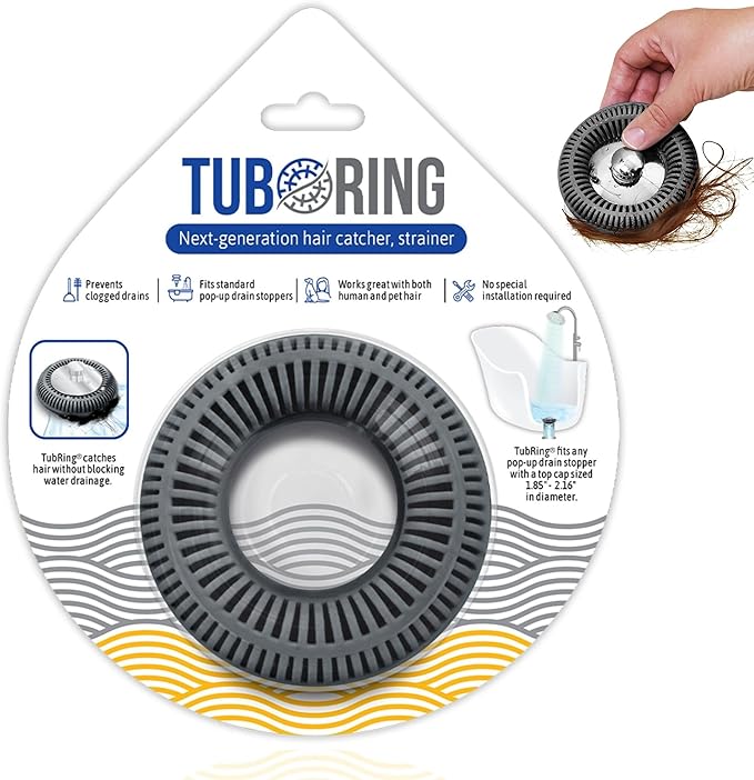 Hair Catcher for Shower Drain & Bathtub – TubRing Pop-Up Drain Protector & Strainer, Reusable Silicone Stopper for Bathroom Clog Prevention, Fits 1.85"–2.16" Drains | Charcoal Gray