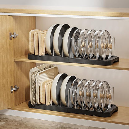 MUDEELA Pot Lid Organizer Rack for Cabinet, Expandable Pots and Pans Organizer under Cabinet with 12 Adjustable Dividers, Pan Organizers Holder inside Cabinet for Cutting Boards, Baking Sheets, Black