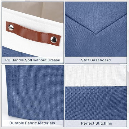 Bagnizer Large Fabric Storage Baskets | 50L Storage Bins, Decorative Linen Closet Baskets with Handles for Organizing, Shelf, Toys, Clothes, Home, Office, Nursery, 17x12x15Inches (Navyblue&White)