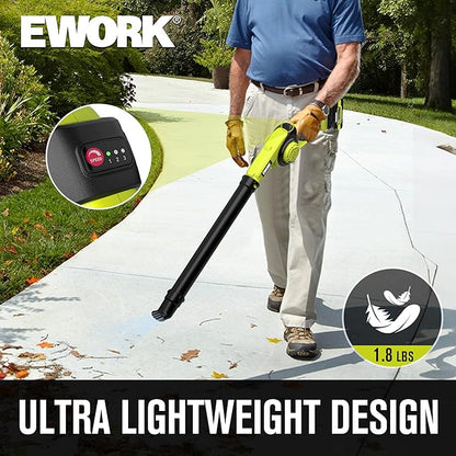 EWORK Lightweight Leaf Blower Cordless 21V 130CFM & 200MPH Mini Electric Leaf Blower with Battery and Fast Charger, Battery Powered Small Blower for Jobsite, Patio Cleaning, Lawn Care