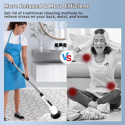 Electric Spin Scrubber, Cordless Cleaning Brush with 7 Replaceable Heads Brush, Power Scrubber with 12 & 54in Extendable Handle, 2 Speed 400RPM Shower Scrubber for Bathroom, Tub, Tile, Floor, Car