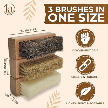 Small Shoe Cleaning Brush Set of 3 Brushes with Nylon, Boar and Horsehair Bristles, Wooden Sneaker Cleaner Brushes for Leather, Suede, Canvas, Textile, Bags and Accessories (3)