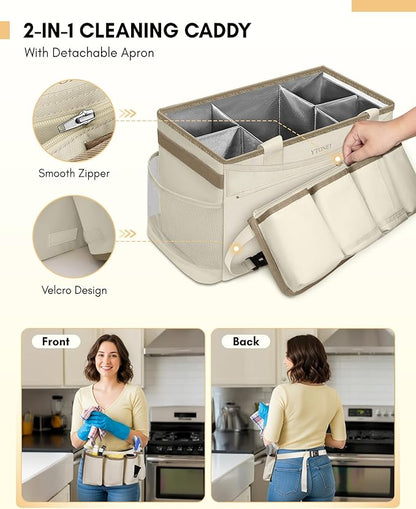 Ytonet Cleaning Caddy Bag with Detachable Apron, Extra Large Cleaning Supplies Organizer with Foldable Dividers, Portable Cleaner Tote with Handle, Cleaner Caddy for Kitchen, Detailing Bag, Apricot