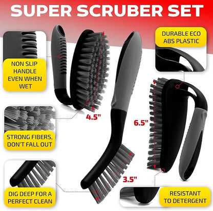 Scrub Brush Set of 6 pcs - Cleaning Shower Scrubbers with Squeegee for Shower Glass and Adhesive Wall Hooks Including Grout Cleaner Brush, Scrub Brushes for Cleaning Bathroom, Shower, Tile, Bathtub