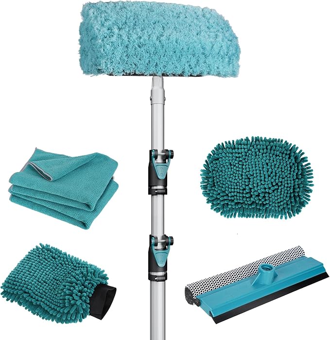 TelesPro 12FT Car Wash Brush with Long Handle, Car Cleaning Kit with Soft Wash Brush, Tire Brush, Window Squeegee, Microfiber Cleaning Head, Mitt, for House Siding, Auto Cars, Trucks, SUV, RV, Floors