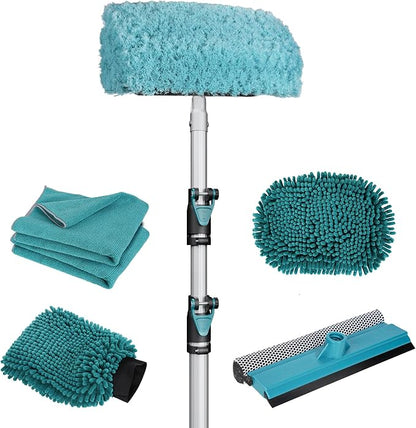TelesPro 12FT Car Wash Brush with Long Handle, Car Cleaning Kit with Soft Wash Brush, Tire Brush, Window Squeegee, Microfiber Cleaning Head, Mitt, for House Siding, Auto Cars, Trucks, SUV, RV, Floors
