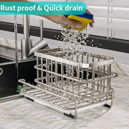 HapiRm Kitchen Sink Organizer, SUS304 Stainless Steel Rustproof Multifunctional Large Sink Caddy with Sponge Holder and Drain Tray for Kitchen Countertop (Silver)