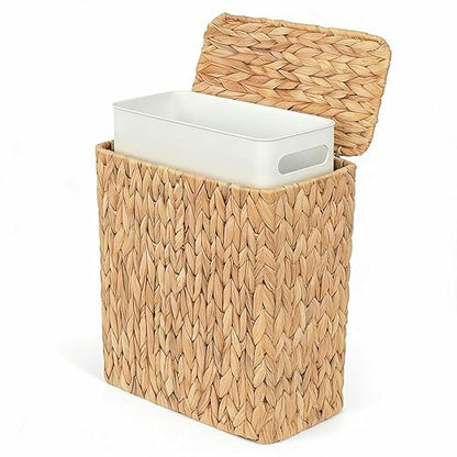 Wicker Trash Can,3 Gallon Bathroom Trash Can with Lid,Natural Water Hyacinth Wicker Waste Basket with Removable Liner, for Bedroom, Toilet, Narrow Spaces