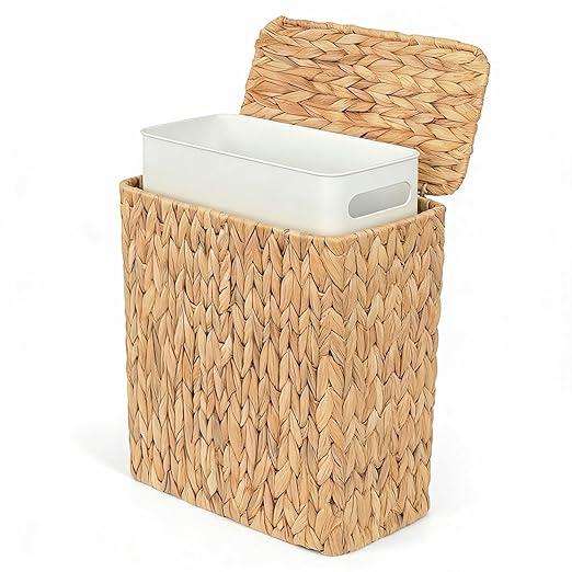 Wicker Trash Can,3 Gallon Bathroom Trash Can with Lid,Natural Water Hyacinth Wicker Waste Basket with Removable Liner, for Bedroom, Toilet, Narrow Spaces