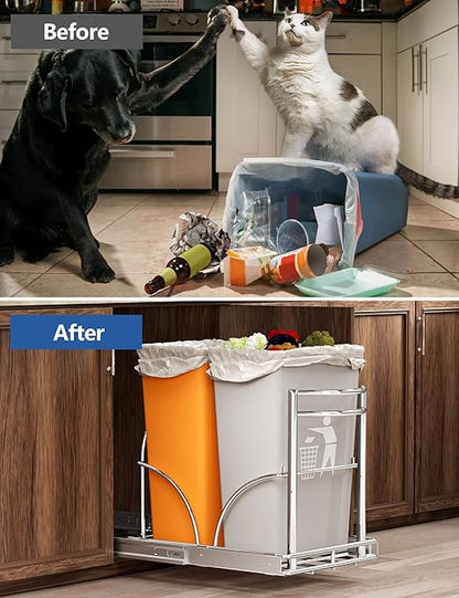 ANASTA Dual Pull Out Trash Can Under Cabinet Rack, No Can Included, Under Sink Trash Can Pull Out Holds Double 7-9 Gal/2 * 35 Qt Recycle Bin Garbage Can Combo, Inside Cabinet Size ≥16''W 22" D 17''H