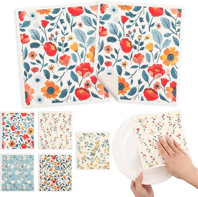 wlich 5PCS Swedish Dishcloths for Kitchen, Reusable Dish Rags for Washing Dishes with Clips, Non-Scratch Kitchen Towels and Dishcloths Sets, Washable Swedish Dish Cloths, No Odor(Plant)