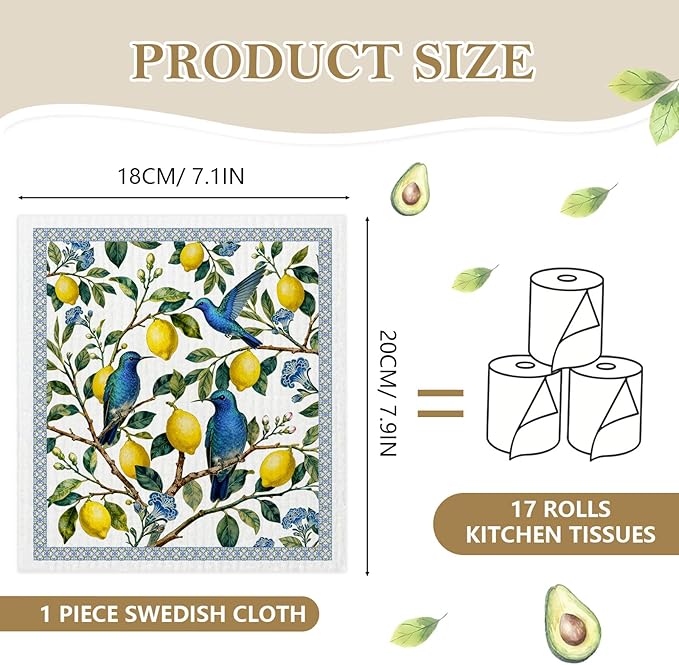 Mixed Blue Tiles Lemons Swedish Kitchen Dishcloths Dish Towels 6 Pack, Farmhouse Lemon Dish Towels, Swedish Dishcloth, Paper Towels Reusable, Dish Cloth Towel Cleaning Wipe for Home Kitchen