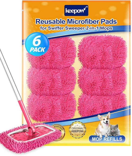 KEEPOW Pink Reusable Dry Sweeping Cloths Microfiber Wet Mop Pads Compatible with Swiffer Sweeper Mop Replacement Sweeping Mopping pad Refills for Hardwood Surface Floor Cleaning (6PCS)