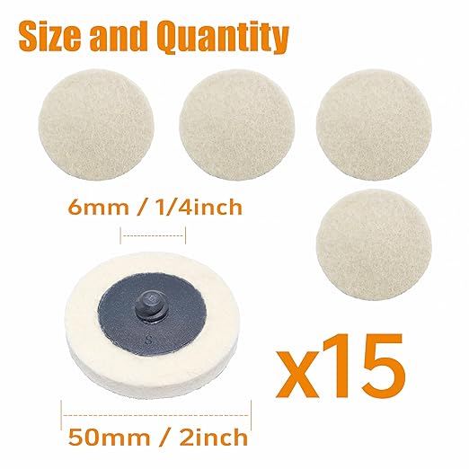 Merryland Wool Quick Change Disc 2 inch for Die Grinder, 2inch Polishing Buffing Pad 15 Pack, Wool Fabric Disc Polishing Buffing Wheel Metal Steel Iron Universal, DGTAB15C1