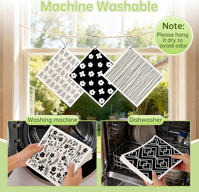 Swedish Dishcloths for Kitchen, 5 Pack Flower Line Reusable Paper Towels with 3 Hooks, Washable Dish Cloth Set, Absorbent Cleaning Cloth for Home Washing Dishes Housewarming Gifts for Friend