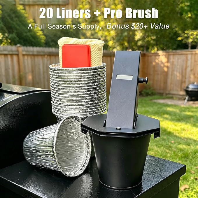 Grease Bucket for Pellet Grill Compatible with Traeger, Pit Boss, Z Grills, Recteq & More, 20-Pack 60oz Liners with Octagonal Lid, Screw-Lock Drip Bucket Includes Replaceable Brush Head