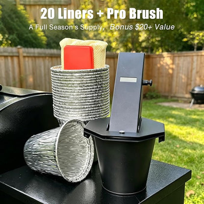 Grease Bucket for Pellet Grill Compatible with Traeger, Pit Boss, Z Grills, Recteq & More, 20-Pack 60oz Liners with Octagonal Lid, Screw-Lock Drip Bucket Includes Replaceable Brush Head