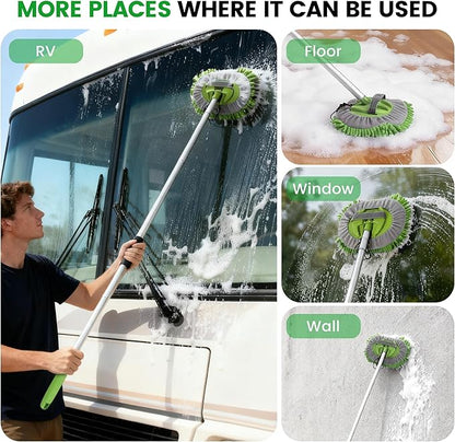 Car Wash Brush with Long Handle, 62'' Car Wash Mop, 7Pcs Chenille Microfiber Cars Washing Kit with Window Squeegee/Microfiber Towels /Wheel Brush for Cars RV Truck Boat Floor Window, Green