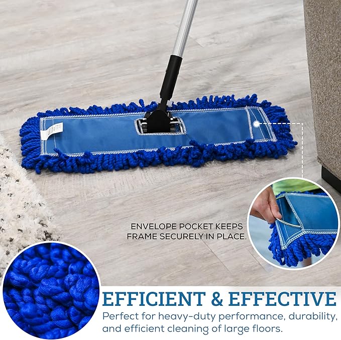 KLEEN HANDLER 18 Inch Microfiber Dust Mop Bulk Pack of 12, Large Washable Commercial Mop Head Replacement, Sweeper, Janitorial Supplies, Blue
