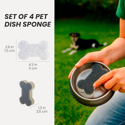 Vigar Pets Scrubber Sponge Set for Pet Bowls - Set of 4 Bone-Shaped Non-Scratch Dish Sponge for Dog & Cat Feeding Bowls, Double-Sided Reusable Scrub Sponges for Cleaning Dishes & Pet Plates - Gray