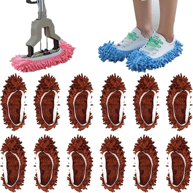 6 Pairs (12 Pieces) Dust Mop Slippers Shoe Cover Multi-Function Soft Washable Reusable Floor Cleaning Shoe Cover House Kitchen Office Cleaning Tools (Brown)