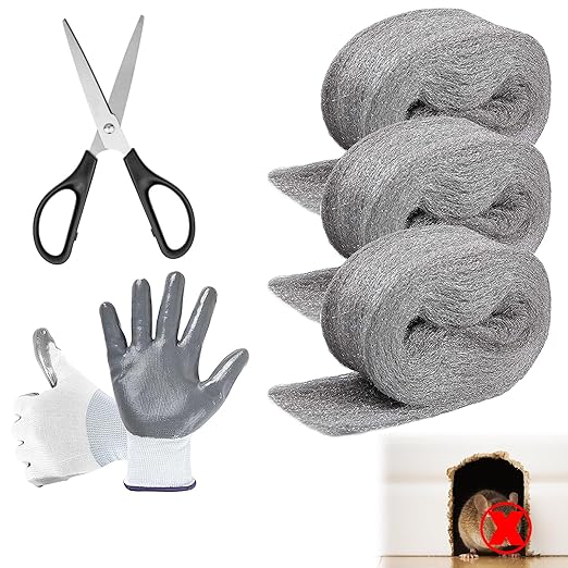 Steel Wool for Mice Control, 3.2" x12 ft Wool, Gap Filler for Home & Garage, DIY Bundle with Gloves & Scissors - 3 Pack