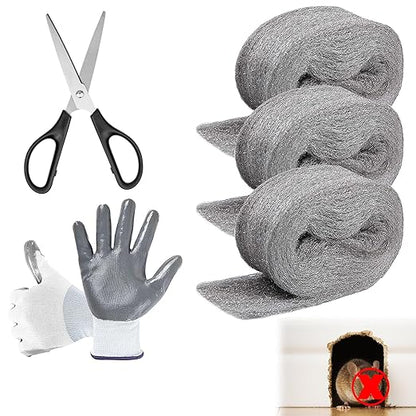 Steel Wool for Mice Control, 3.2" x12 ft Wool, Gap Filler for Home & Garage, DIY Bundle with Gloves & Scissors - 3 Pack