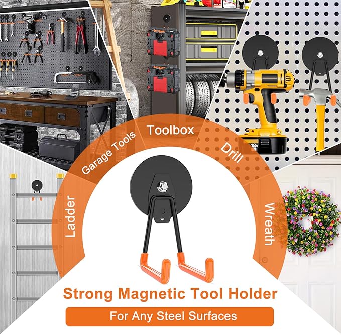 ENUODA Strong Magnetic Hooks 12 Pcs Neodymium Magnet Garage Hooks Anti-Slip Magnet Tool Holder for Hanging Broom, Mop, Shovel, Bridle, Drill, Toolbox, Locker, Container, Tool Chest, 2PCS