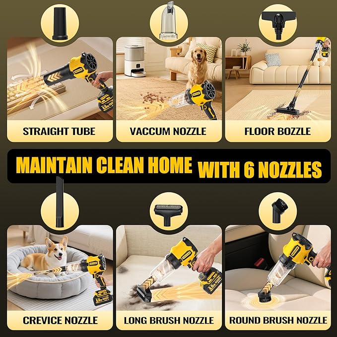 6-in-1 Cordless Vaccum Cleaner, 21V 8000MAH Car Vacuum Portable Cordless with 700W Brushless Motor, 50KPA High Power Suction & Blower for Home, Car, Pet Hair, Shop