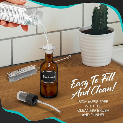 Nevlers 1 Oz Amber Glass Spray Bottles for Cleaning & Refreshment | Small Travel Spray Bottle 24 Pack w/Shrink Wrap, Funnel, Brush, Marker & Labels | Fine Mist Sprayer | Mini Perfume Refillable Bottle