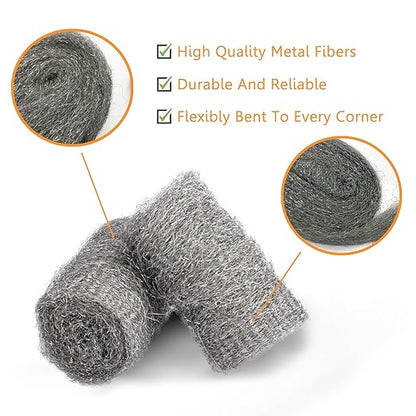 Bulk Steel Wool Roll Kit, Steel Wool 0000 15pcs, Gap Blocker, 0000 Steel Wool Keep Mice Away from Holes/Siding/Pipeline/Vents in Garden, House, 15 Pack × 1.6FT