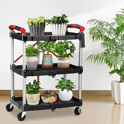 Towallmark Portable Folding Service Cart, 3 Tier Folding Utility Cart, Collapsible Utility Carts for Office, Warehouse, and Home, 56 Lbs Load Capacity per Shelf (Black & Red)