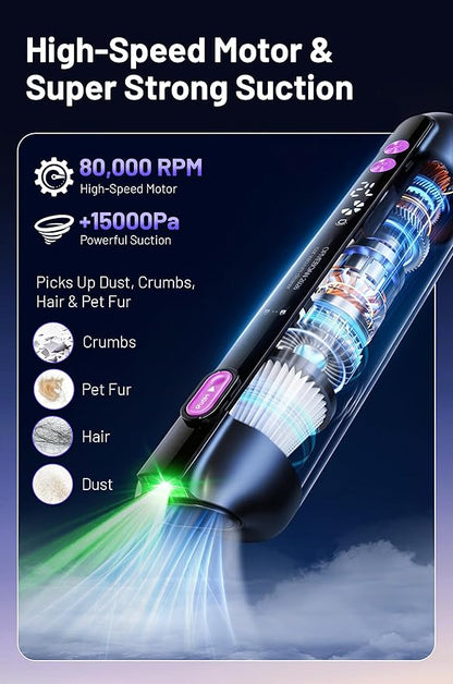 Handheld Cordless Car Vacuum Cleaner 15000Pa, 3-in-1 Portable Vacuum with LED Display & HEPA Filter,USB-C Rechargeable, up to 30-Min Runtime for Car, Home, Desk & Pet Hair(Black)