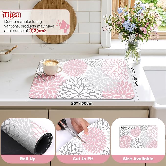 Findosom Dish Drying Mat, 12" x 20" Super Absorbent Dish Mat with Floral, Hide Stain Drying Mat for Kitchen Counter, Under Dish Rack, Coffee Maker, Espresso Machine, Pink