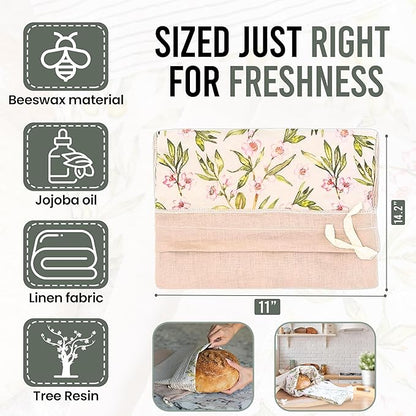 Ark & Aron Reusable Bread Bags - Pack of 2 Beeswax Bread Bags for Sourdough | Linen Bread Bag for Homemade Breads | Sourdough Loaf Bags | Cotton Food Storage Bag for Breads(Olive Leaf/Almond Branch)