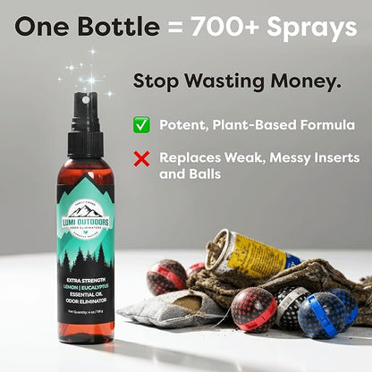 Lumi Outdoors Natural Shoe Deodorizer Spray (700+ Sprays) - Odor Eliminator for Smelly Shoes, Sneakers, Boots, Cleats & Foot Odor - Essential Oil Formula, Lemon Eucalyptus