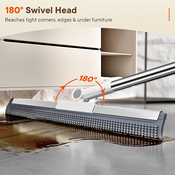 Floor Squeegee Broom, 2 in 1 Magic Broom with Rubber Scrubbing Teeth and Long Handle, Shower Floor Squeegee for Bathroom, Kitchen, Tile, Concrete, Garage, Pet Hair and Water