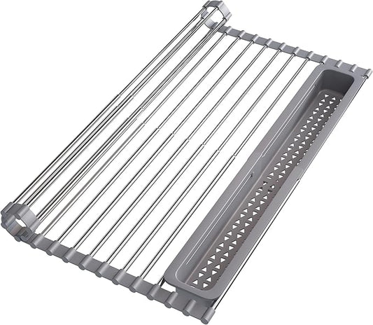 JASIWAY Over The Sink Dish Drying Rack for Kitchen, Expandable (12.8"-23.8" D x 15.5" W) Roll Up Dish Drainer with The Function of Fordable, Rust Proof, Large Sink Cover with Removable Utensil Holder