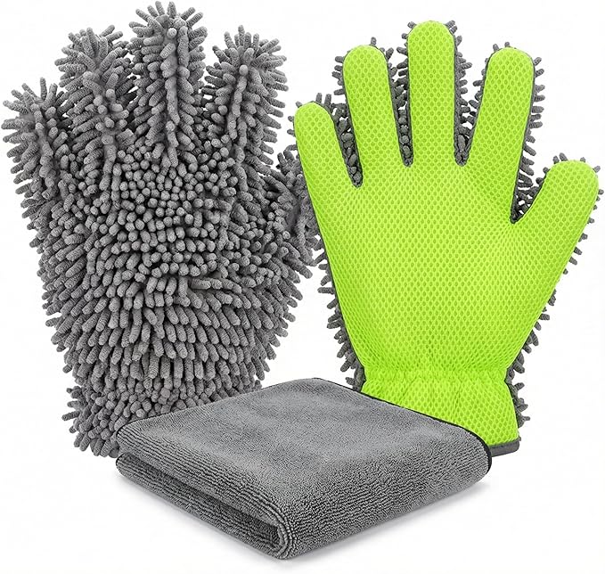 Dog Washing Gloves and Chenille Dog Drying Mitts, Dual-Sided Bath Sponge Alternative & Muddy Mitt for Paws, 3 Pcs Set (2 Gloves + 1 Towel)
