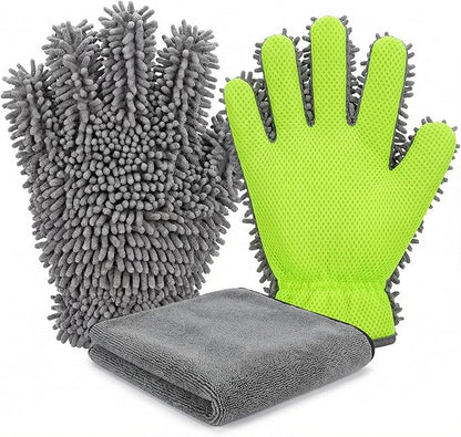 Dog Washing Gloves and Chenille Dog Drying Mitts, Dual-Sided Bath Sponge Alternative & Muddy Mitt for Paws, 3 Pcs Set (2 Gloves + 1 Towel)