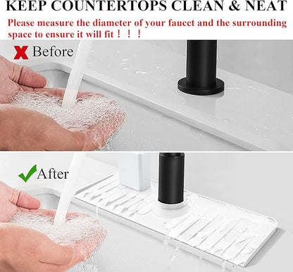 YATOISUR Sink Splash Guard 14.4” x 5.4” - Sink Faucet Mat with Faucet Water Catcher Mat & Soap Dish & Sponge Holder 3 in 1 - Silicone Faucet Handle Drip Catcher Tray for Kitchen RV & Bar Faucet, White