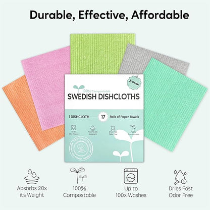 Swedish Dishcloths for Kitchen, 5 Pack Swedish Dish Cloths, Ultra Absorbent Reusable Paper Towels, Cellulose Sponge Cloths, Quick Drying, No Odor, Dishwasher Safe