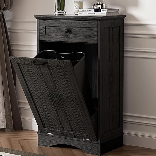 AHB 13 Gallons Tilt Out Trash Cabinet Hidden Trash Can Cabinet Freestanding Garbage Recycling Cabinet with Hideaway Drawer Pet Proof Trash Bin for Kitchen Living Room, Black