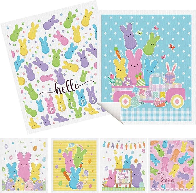 Easter Swedish Dishcloths for Kitchen, 6 Pack Colorful Bunny Rabbit Reusable Paper Towels, Non-Scratch Swedish Dish Cloths Super Absorbent Cellulose Sponge Cloths Spring Decorations