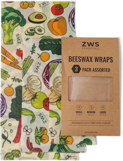 Beeswax Wraps, Reusable Cotton Food Storage Set for Kitchen, Lunch, Bread, Snacks, Bowls. Eco-Friendly Plastic-Free Alternative. 3-Pack Assorted - Veggies by Zero Waste Store