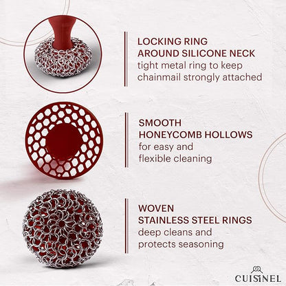 Cuisinel Cast Iron Chainmail Scrubber + Pan Scraper - The Patented Original Ergonomic Stainless & Silicone Pot & Skillet Cleaner - Premium Food-Safe Design - Easy Clean Dishwasher Safe Cookware Sponge